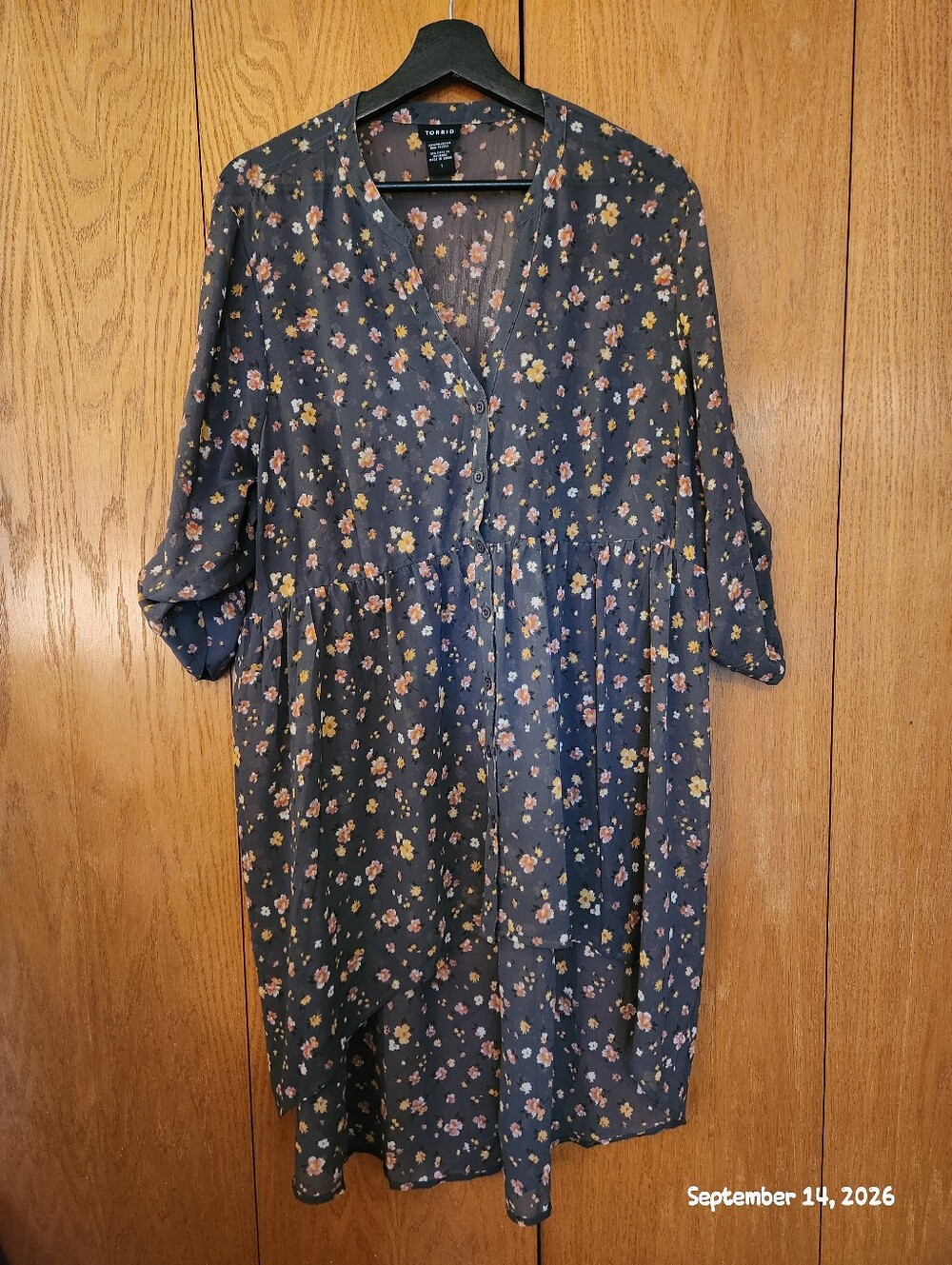torrid gray floral V-neck tiered midi dress with pink & yellow blooms